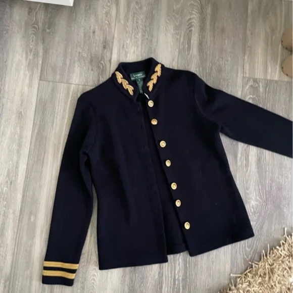 Vintage Ralph Lauren Knit Merino Wool Military Jacket Navy with Gold Leaf sz P - Picture 3 of 11